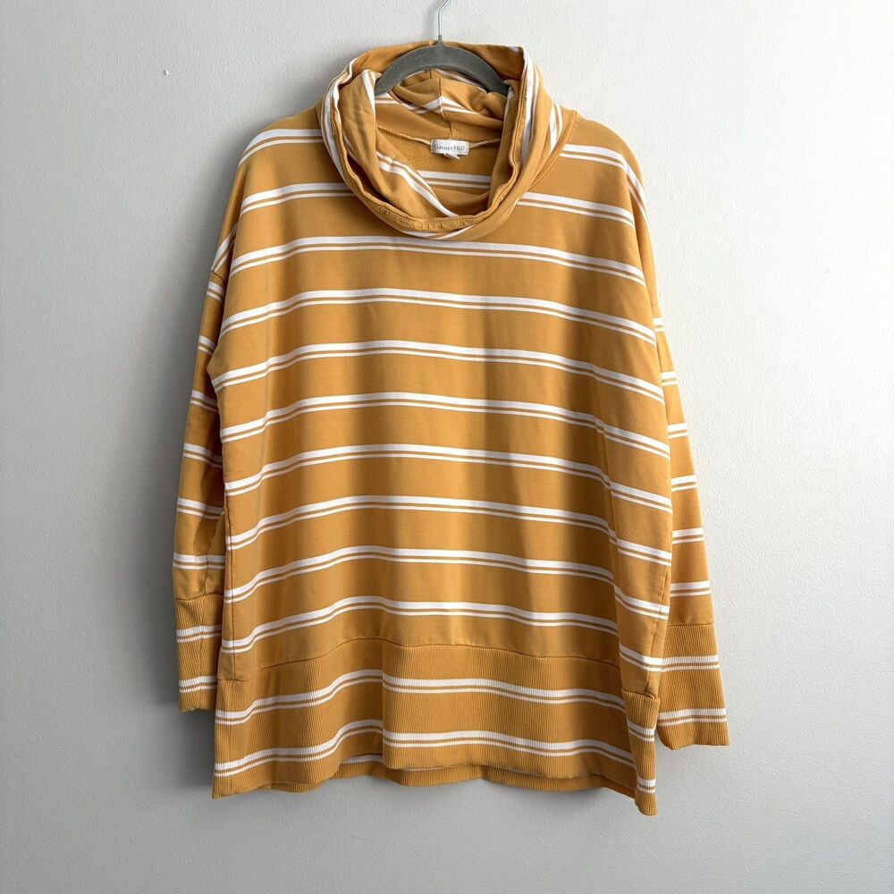 Garnet Hill Cowl Neck Knit Top Mustard Yellow White Striped Medium Stretch